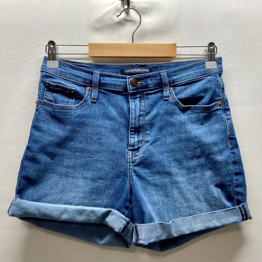 Calvin Klein Denim Shorts Women's 4 Blue Jean Stretch Mid Rise 4" Inseam Cuffed